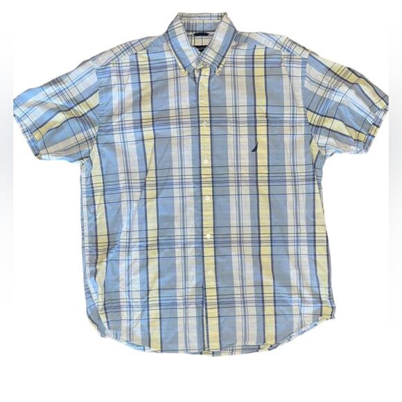 Nautica Mens Size XL Blue Yellow White Short Sleeve Button Down Shirt - Picture 1 of 5